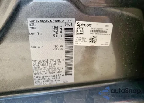 2024 Nissan Altima S from USA, damaged, VIN 1N4BL4BV4RN403114